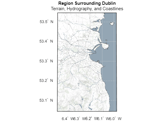 Figure contains an axes object. The hidden axes object with title Region Surrounding Dublin contains 14 objects of type patch, surface, line, text.