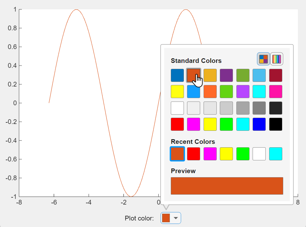 UI figure window with some plotted data and a color picker labeled "Plot color". The color picker is expanded, and the selected color matches the color of the plot.