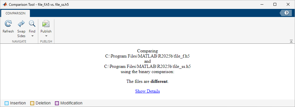 Comparison Tool in binary mode showing that file_f.h5 and file_ss.h5 are different, with a link to show more details