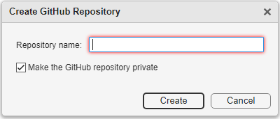 Create GitHub Repository dialog box. Repository name field and a checkbox to make the repository private, and Create and Cancel buttons below.