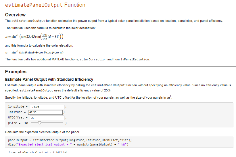 Sample documentation for estimatePanelOutput function with an Overview section and an Examples section containing one example. The example calls estimatePanelOutput with sample input selections from multiple controls and shows resulting output.controls with sample input selections, and a call to the estimatePanelOutput s several controls containing