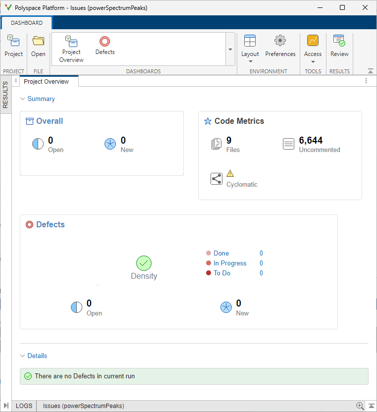 The Polyspace Platform shows the analysis results, which indicates that there are no defects