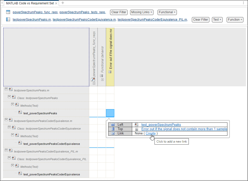 The cell corresponding to the requirement and test is selected, and the mouse points to the Create button