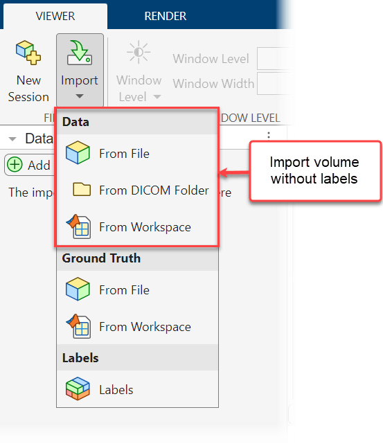 Medical Volume Viewer app window showing how to import volumes without labels from the Import button in the app toolstrip