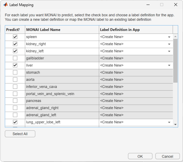 Label Mapping dialog box, with the spleen, kidney_right, kidney_left, liver, and lung labels selected and mapped to the Create New label definition option.