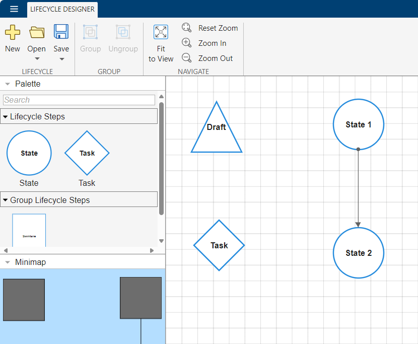 Lifecycle Designer, showing two linked States