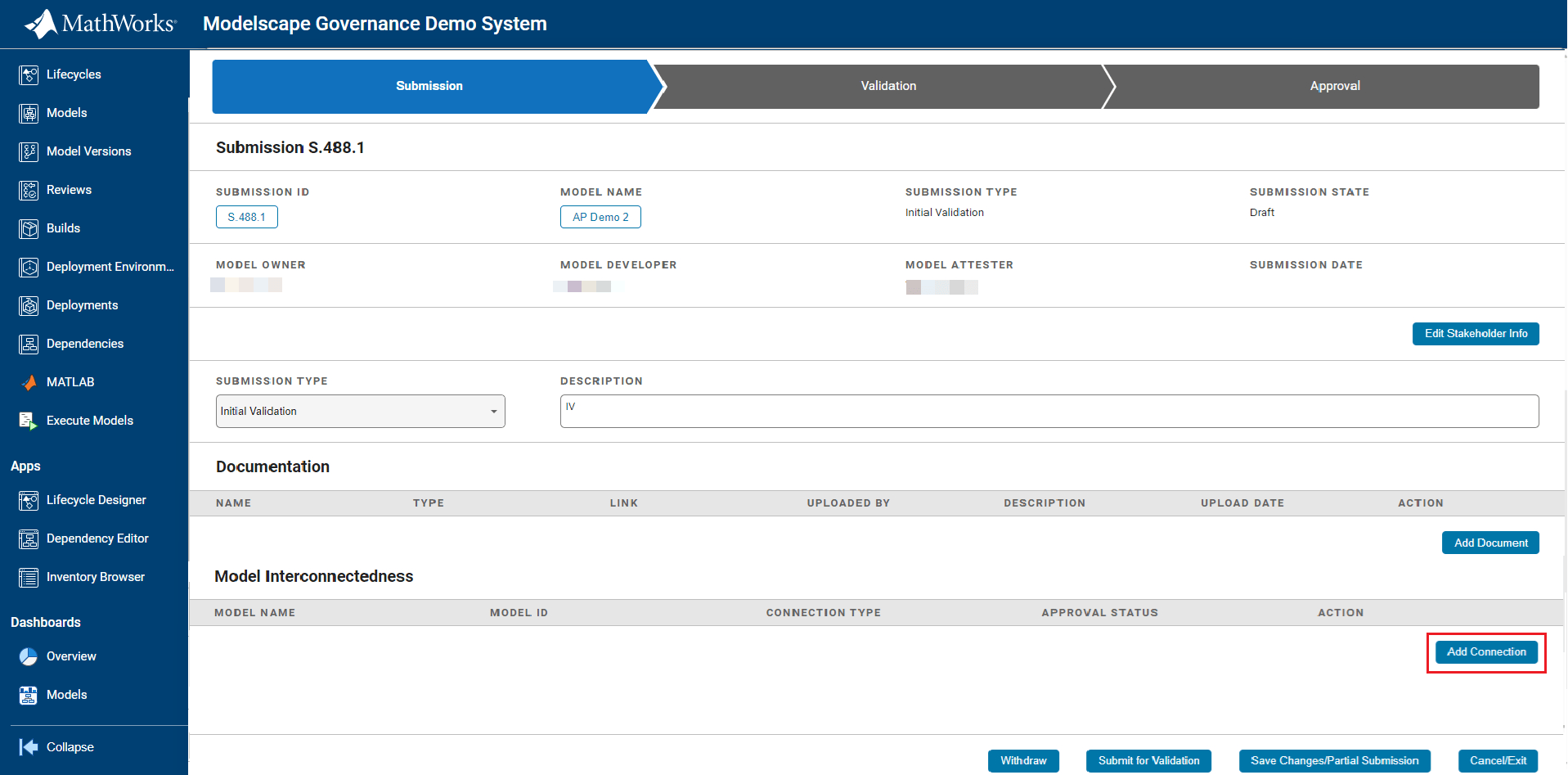 Example screen showing a button for adding connections between models