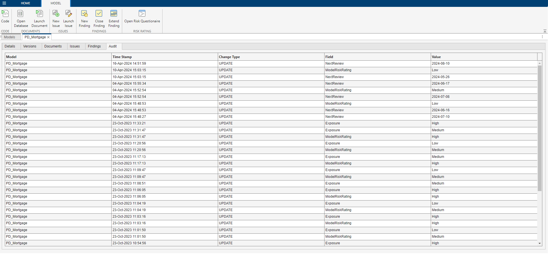 Example of user action logs