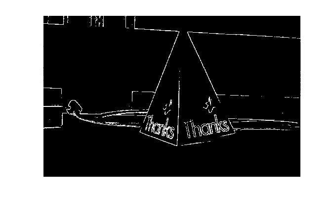 Sobel edge detection result from the Jetson board showing white edges for the card and the word "Thanks" on a black background.