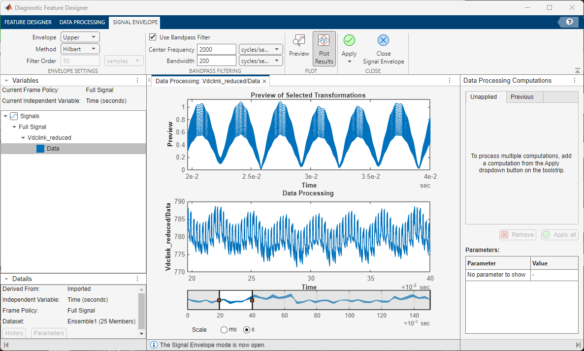 Screenshot of the Diagnostic Feature Designer app after applying signal envelope processing to the simulation data.