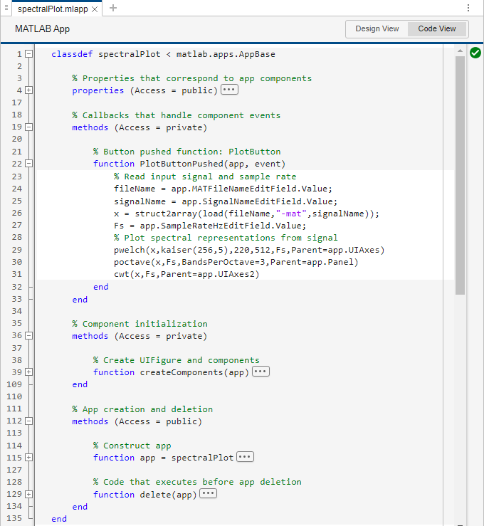 Code view of the app. The view shows the callback function added, which allows the app to plot the signal and wavelet transforms once the Plot button is pressed during the app run.