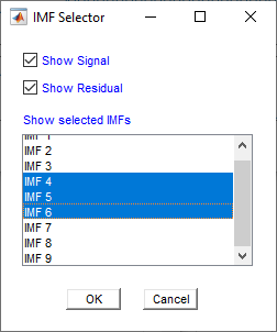 IMF Selector window. You can select "Show Signal", "Show residual", and the IMFs that you want to plot from the list displayed.