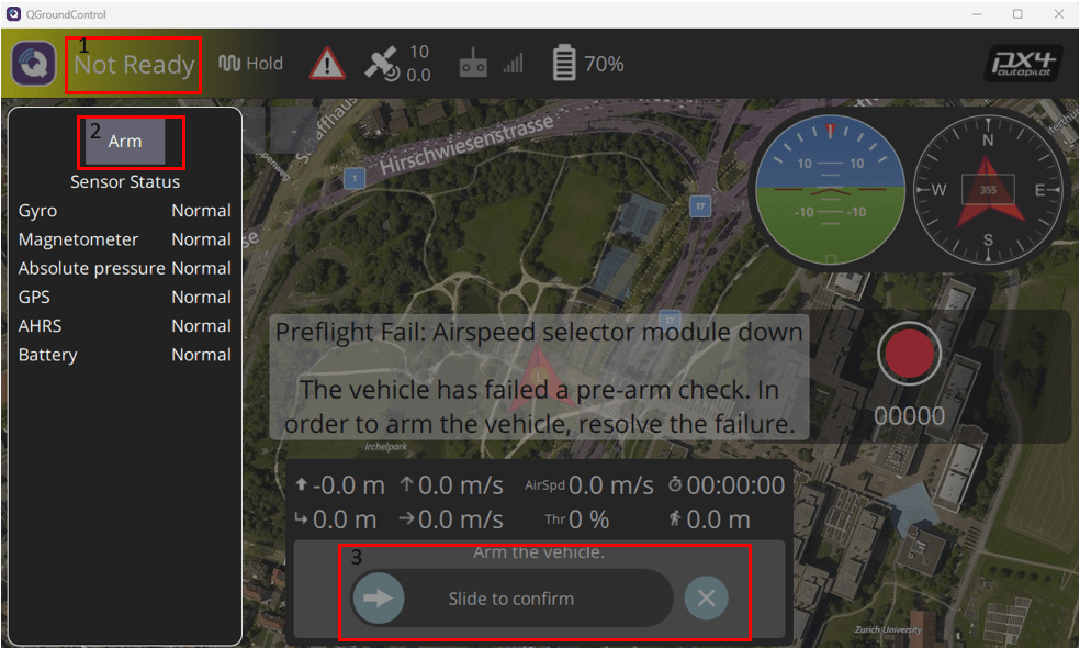 QGroundControl user interface which shows the location of the Arm button on the sensor status pane
