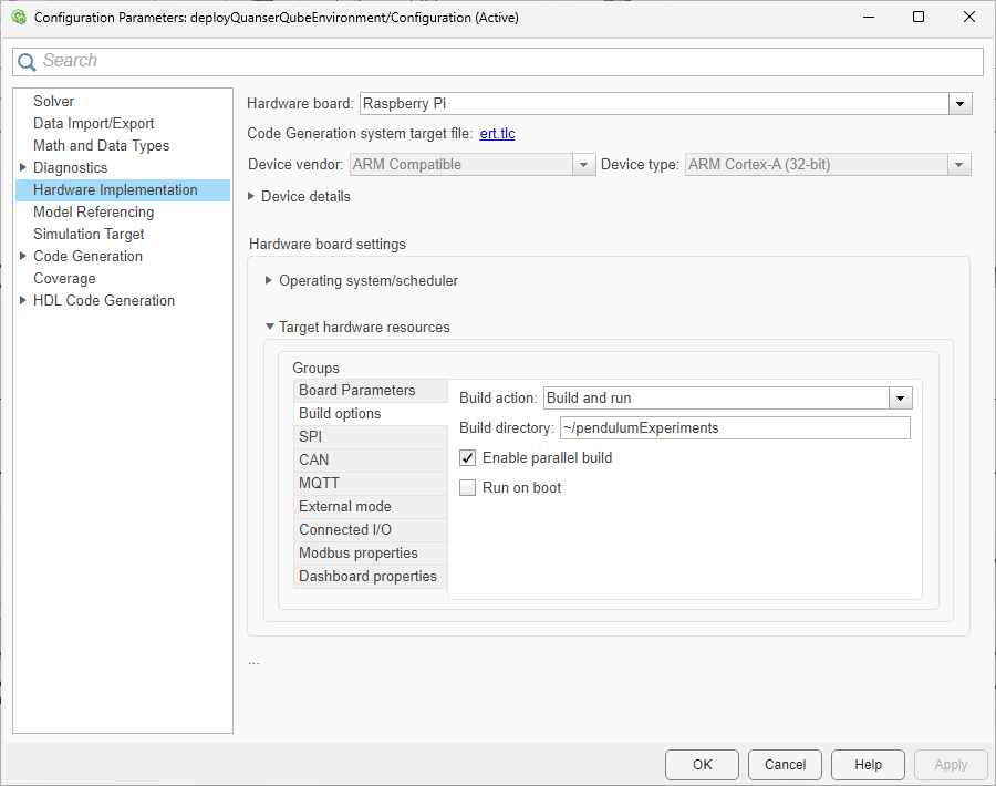 Configuration Parameters dialog for the deployQuanserQubeEnvironment model. The Hardware Implementation pane is selected, with the hardware board set to Raspberry Pi. Under Target hardware resources, the build action is set to Build and run, the build directory is set to ~/pendulumExperiments, and Enable parallel build is selected.