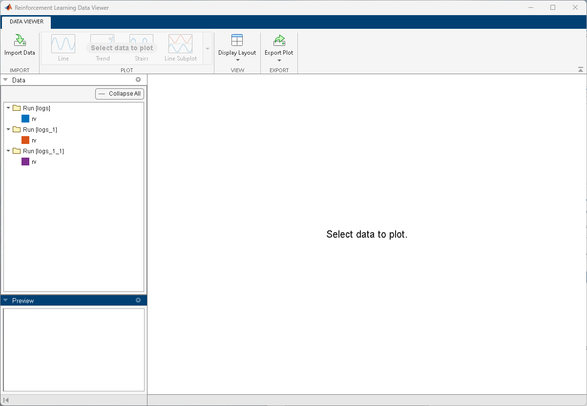 Data Viewer showing three run folders in the Data pane with no data plotted