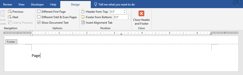Product screenshot of a Word document in Header & Footer editing mode, showing the Design tab ribbon with options for navigation, header and footer settings, and positioning. The footer area is active with the cursor placed before the typed word “Page” near the bottom of the page.