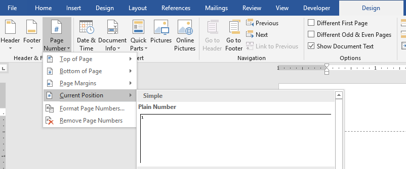 Product screenshot of the Insert tab in Word with the Page Number menu expanded. Options shown include Top of Page, Bottom of Page, Page Margins, Current Position, Format Page Numbers, and Remove Page Numbers. A preview pane on the right displays the “Plain Number” option with the number “1” positioned at the current cursor location in the document.