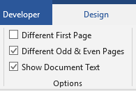Product screenshot of the Word Header & Footer Design tab showing three option checkboxes: “Different First Page” unchecked, “Different Odd & Even Pages” checked, and “Show Document Text” checked.