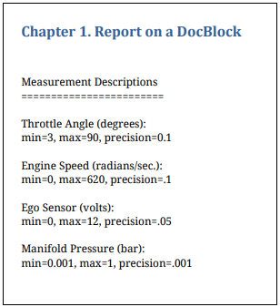 Report showing Chapter 1 "Report on a DocBlock", followed by information about properties of the Sensor Info Documentation block.