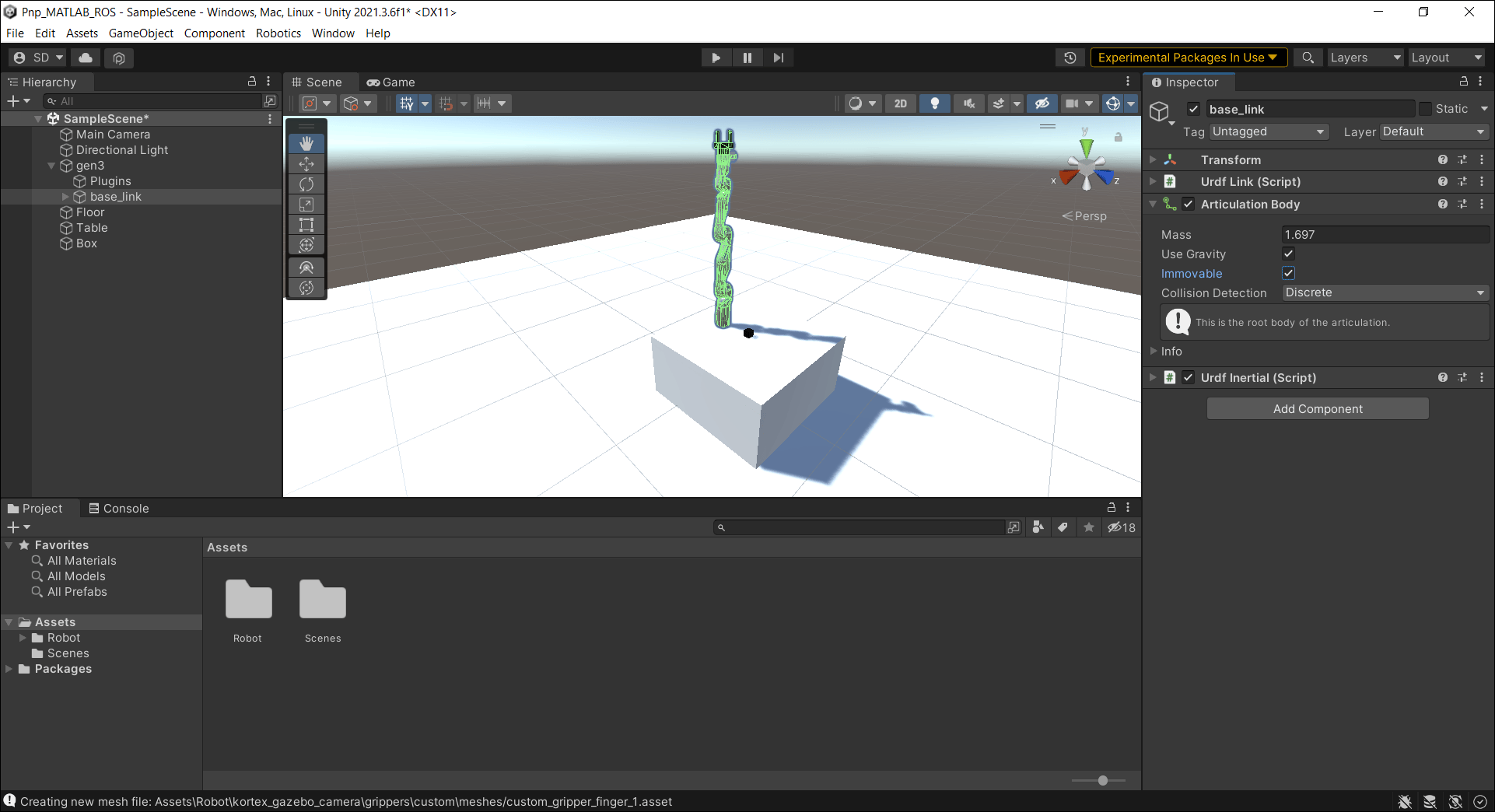 Screenshot of configuring base link of the robot model in Unity