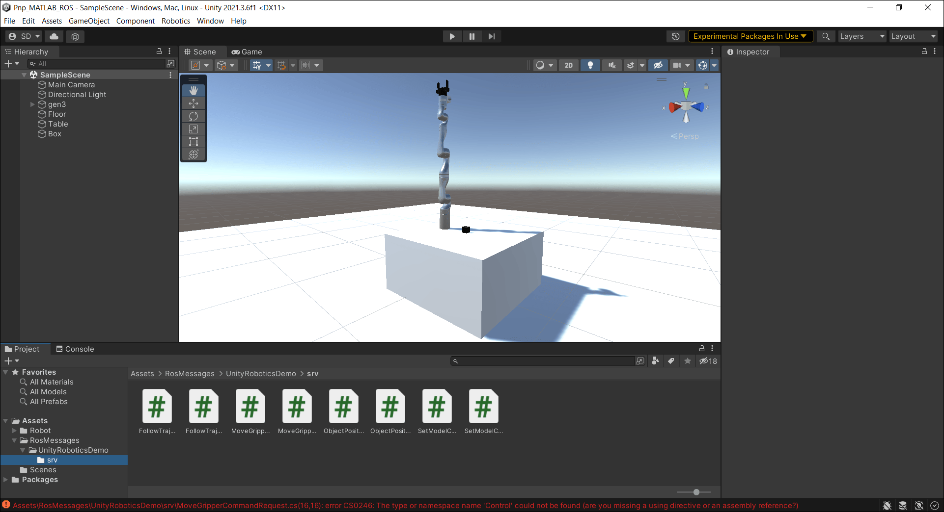 Screenshot of Unity generating C# service scripts from the ROS custom service definition files.