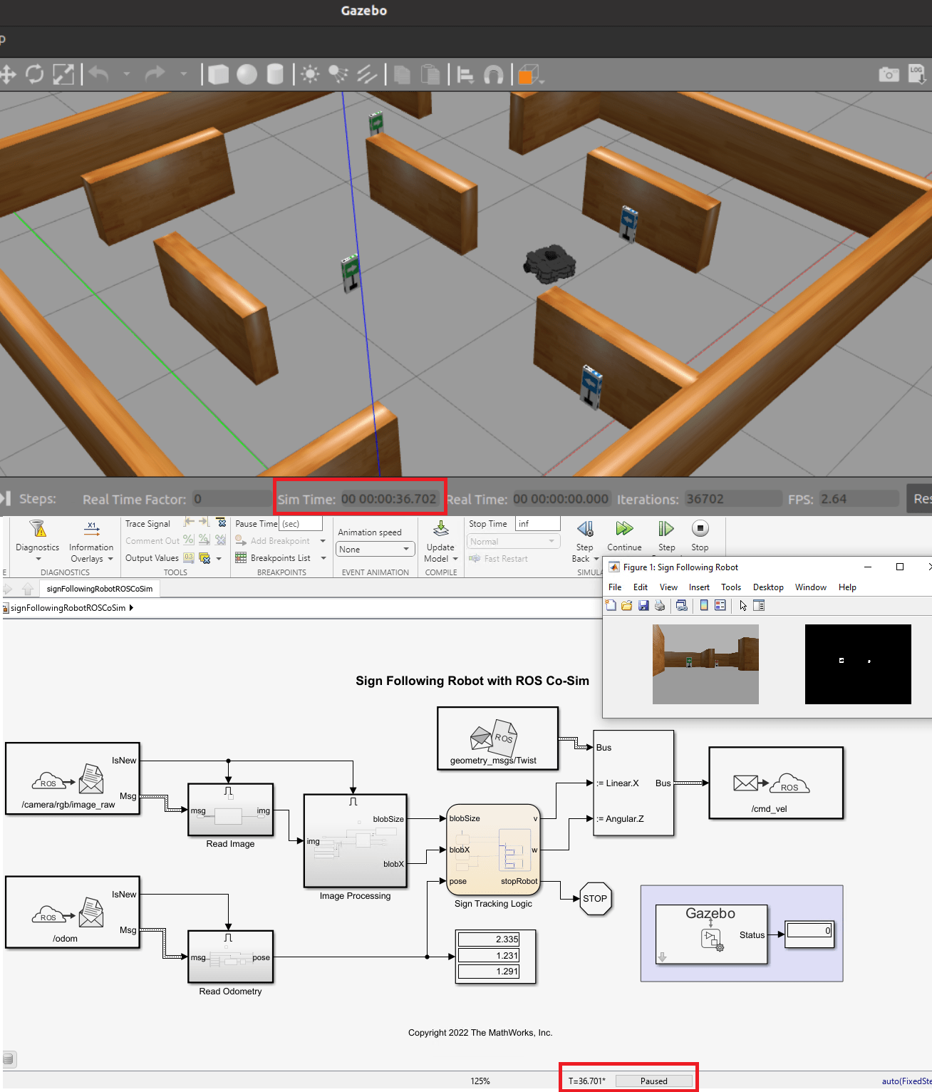 Sign Following Robot with Time Synchronization Using ROS and Gazebo Co-Simulation