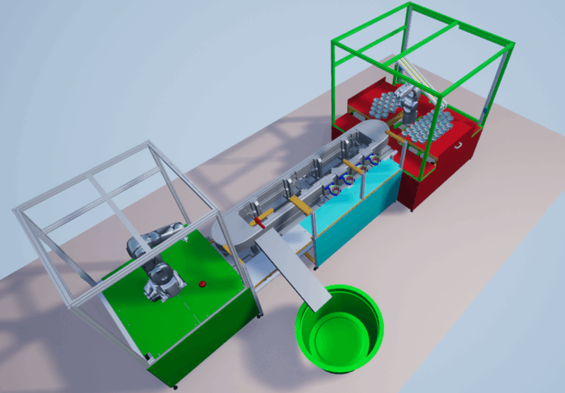 3D simulation of the assembly line with robots placing cups and balls, connected by a shuttle track and conveyor.