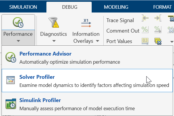 Debug tab with the Performance list expanded and the pointer on the Solver Profiler option