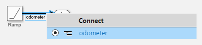 The signal line named odometer is selected in the model diagram. A table is displayed below the selected signal. In the table, the signal named odometer is selected.