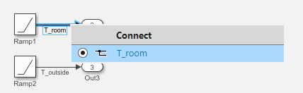 The signal line named T_room is selected in the model diagram. A table is displayed below the selected signal. In the table, the signal named T_room is selected.