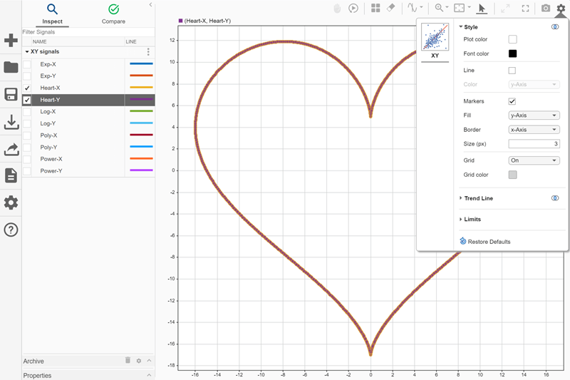 Visualization Settings menu for an XY plot with the Style section expanded