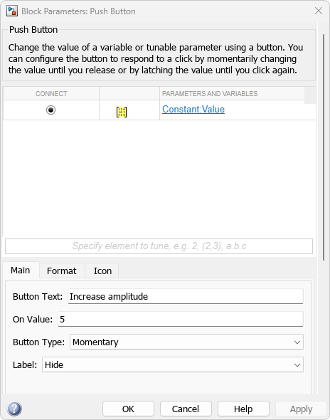 The Block Parameters dialog box for the Push Button block