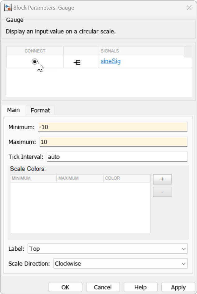 Block Parameters dialog box for the Gauge block