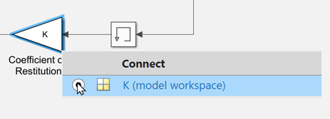 Connection options in Simulink for the Coefficient of Restitution block. The K (model workspace) option is selected.
