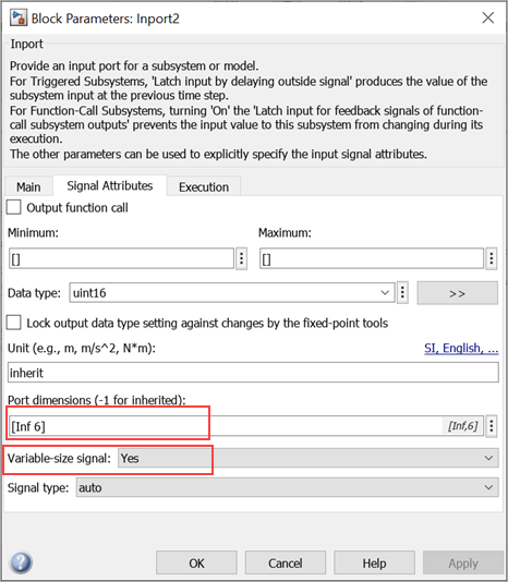 The block parameters dialog box shows signal attributes for the unbounded variable-size signals