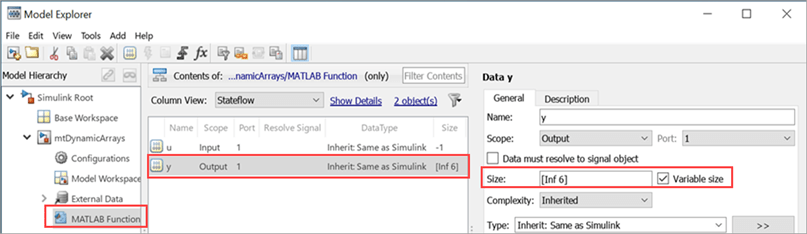 The Model Explorer shows settings for the MATLAB Function block that is configured to support unbounded variable-size signals