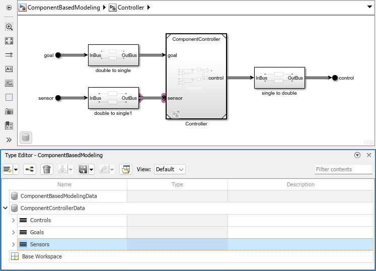 In the Type Editor, Sensors is selected. In the block diagram, an OutBus and sensor port are highlighted.