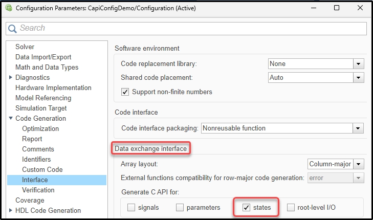 Configuration Parameters dialog box. The Code Generation > Interface pane is open. In the Generate C API for section, the states box is selected.