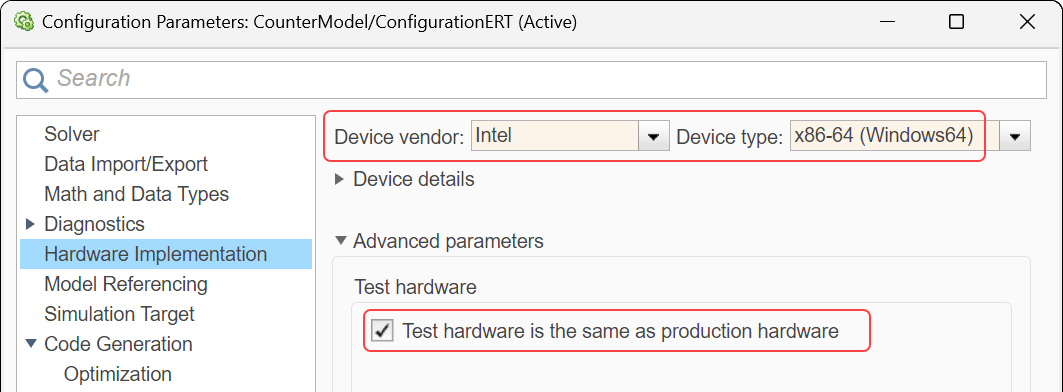 Configuration Parameters dialog box. The parameter Device vendor is specified as Intel. The parameter Device type is specified as x86-64 (Windows64). The parameter Test hardware is the same as production hardware is selected.