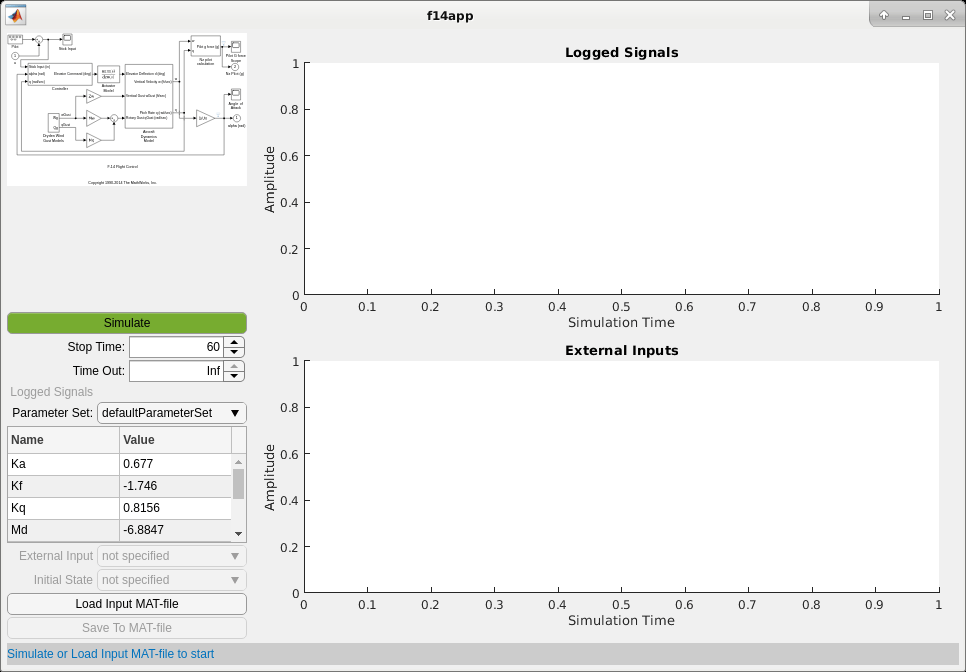 Customized app window with sub-plot windows for logged signals and external inputs