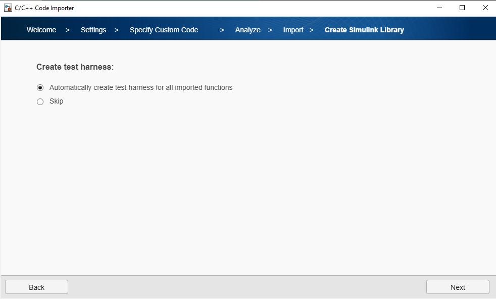Custom code importer wizard tab to select whether to create a test harness