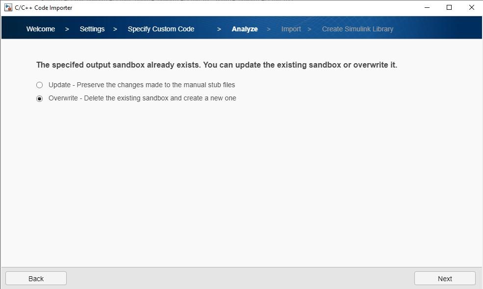 Custom code importer wizard tab to update the stub files or overwrite the existing sandbox