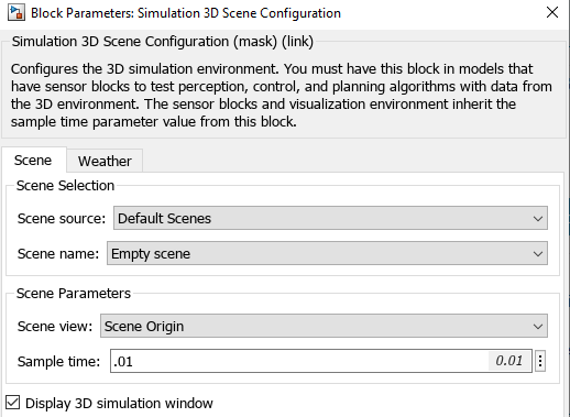 Block parameter dialog box of Simulation 3D Scene Configuration block