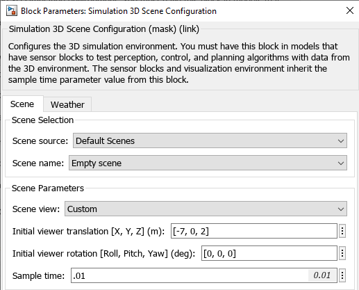 The block parameter dialog box of simulation 3D scene configuration block.