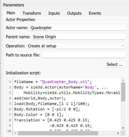 The block parameter dialog box of the Simulation 3D Actor block shows parameters and the initialization script.