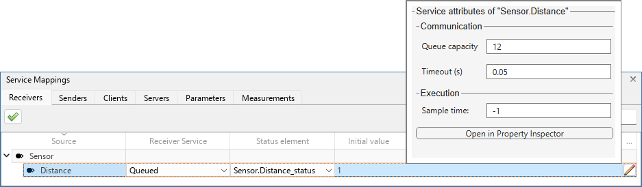 Additional Properties dialog box is open for Sensor.Distance. Queue capacity is 12, Timeout is 0.05 and Sample time is -1.