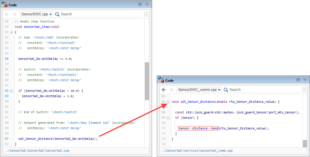 Red arrow pointing at the invocation of the function set_Sensor_Distance from the function SensorSWC_step. Red rectangle highlighting the invocation of the method Sensor->Distance->Send from the function set_Sensor_Distance.