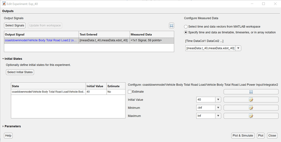 Edit Experiment: Exp_40 dialog box with Outputs and Initial State sections filled in as mentioned