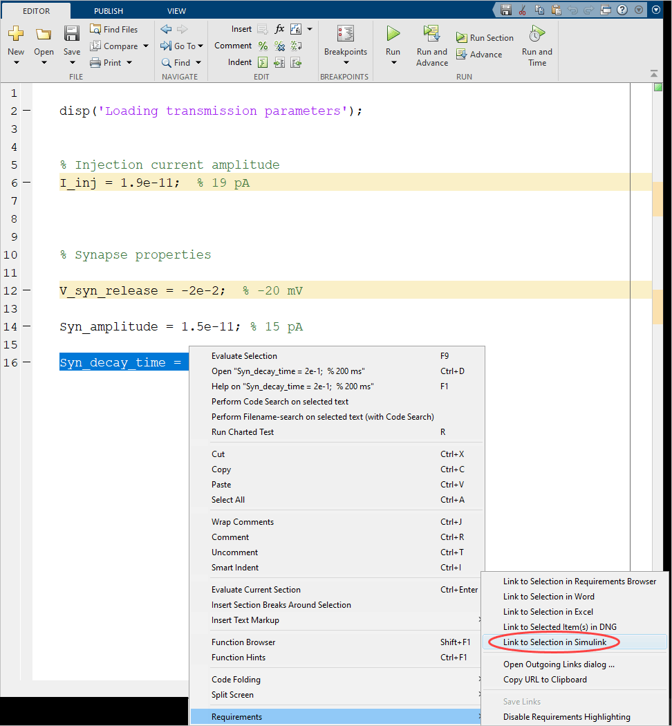 The MATLAB Editor. The syn_decay_time variable is selected and the Requirements options in the menu are displayed.