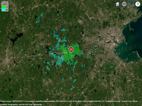 Transmitter site and coverage map displayed over satellite imagery